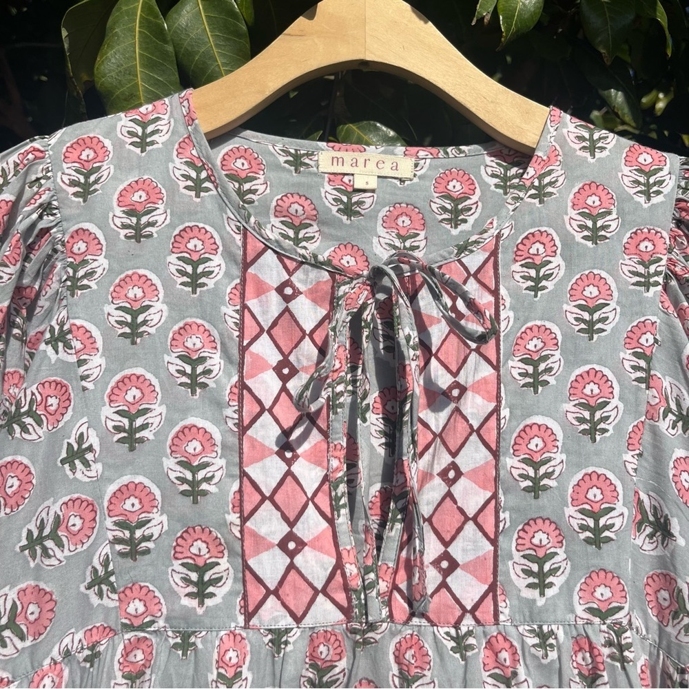 MAREA green pink floral border print cotton puff sleeve tiered mini dress - Picture 7 of 9